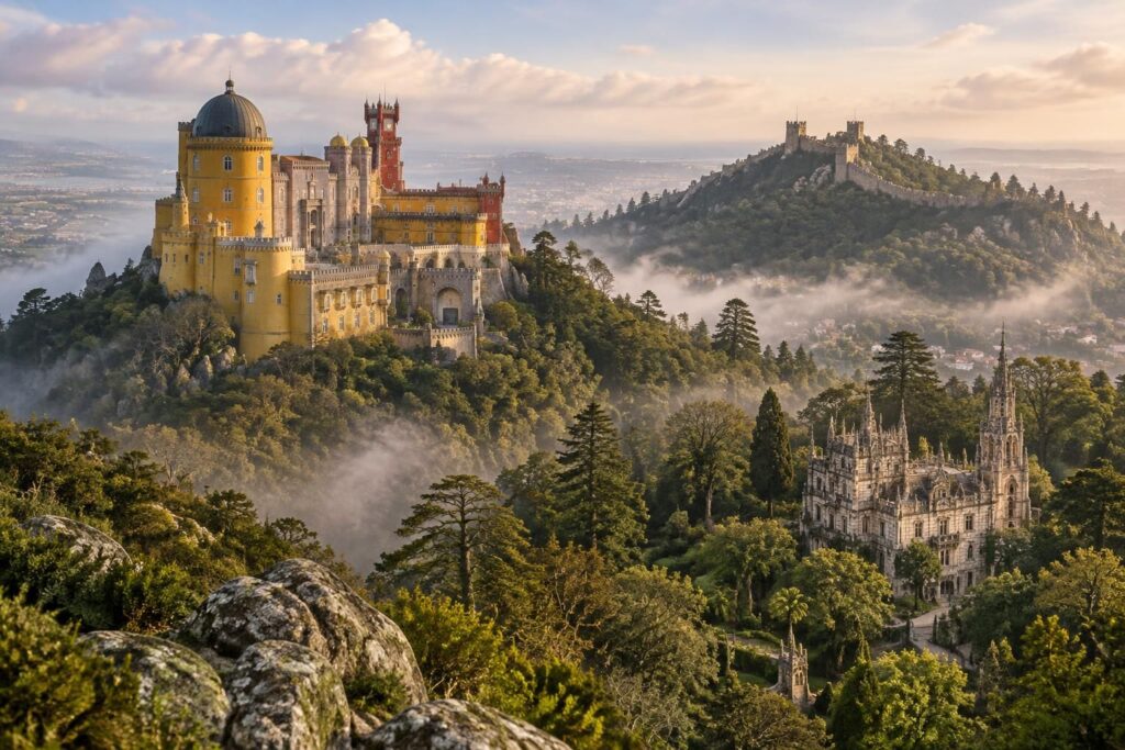 découvrez les châteaux de sintra au portugal : le palais coloré de pena, les jardins mystérieux de la quinta da regaleira et les remparts des maures.
